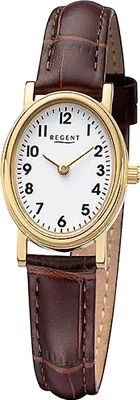 A close-up studio shot of a women's analog wristwatch with a brown leather strap.