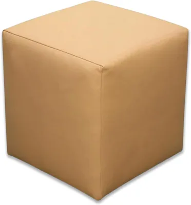 A single beige cube-shaped ottoman is shown from a slightly elevated angle against a white background.