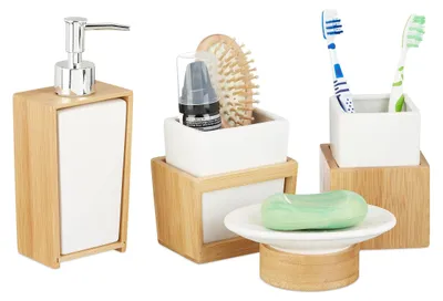Image de Ensemble de 4 accessoires de salle de bain comprenant un distributeur de savon et un support pour brosses à dents