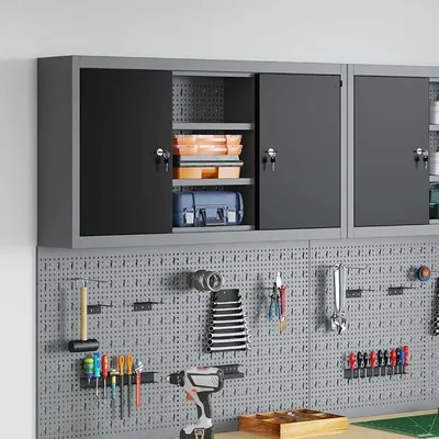 Produktbild von Werkzeugschrank mit Regal Schwarz und Grau aus Stahl und Holzwerkstoff 100 x 20 x 55 cm mit 6 verstellbaren Fächern abschließbar für Werkstatt Garage und Keller Ordnungssystem