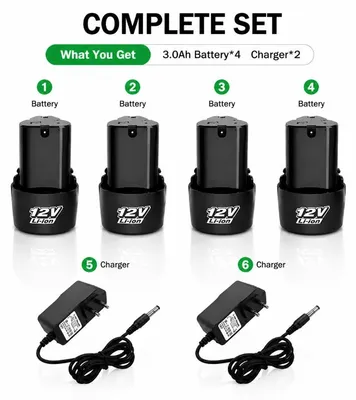 Obrázok produktu pre Sada dobíjacích batérií – 12V lítiovo-iónová batéria – 3,0 Ah – 4 batérie – 2 nabíjačky – ochrana BMS – pre elektrické náradie