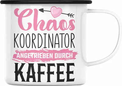 Produktbild von Trendation - Emaille Tasse für Chefin Geschenk Chaos Koordinatorin Geschenkidee Lustige Emaille Emaille Tasse Mama Mutter (Schwarz)