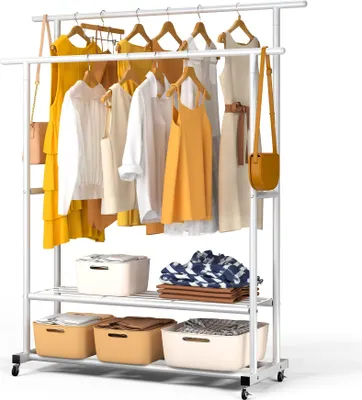 Produktbild von VOUNOT® Doppelt Kleiderständer auf Rollen, Metall Kleiderstange Garderobenständer mit 2 Aufbewahrungsablagen 120x40x146cm Weiß