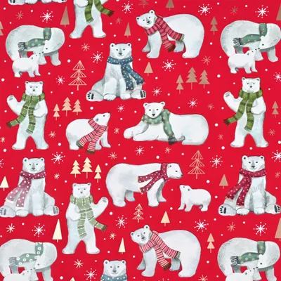 Produktbild von Geschenkpapier Eisbären mit bunten Schals 70cm x 2m Rolle Rot