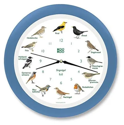 Singende Vogeluhr, 34 cm, hemelsblauw, 12 Vogelstimmen, Funk-Quarzuhrwerk