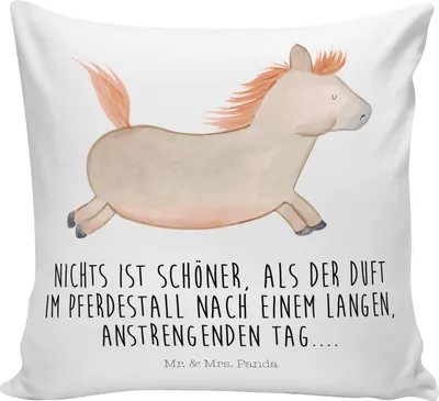 Produktbild von Mr. & Mrs. Panda Kissen 40x40 Pferd Springen - Weiß - Geschenk, Sofakissen, Kleines, Sofa, Pferdestall, bedruckt, Landwirtin, Pony, Stall, Polster, Pferde, Reiten