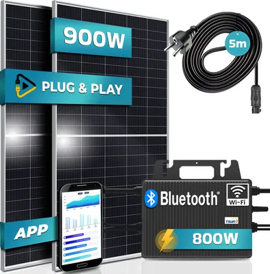 Produktbild von SUNNIVA® 900W Balkonkraftwerk 800W komplett Steckdose - TSUN 800W Wechselrichter - PV Solaranlage - 2x450W Solarmodule - 5m Kabel - WIFI