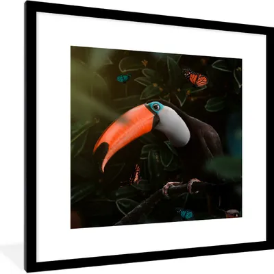 Produktbild von MuchoWow® MuchoWow® Gerahmtes Poster Tukan - Schmetterlinge - Pflanzen 40x40 cm - Poster mit zchwarzem Bilderrahmen - Poster - Plakat im Rahmen