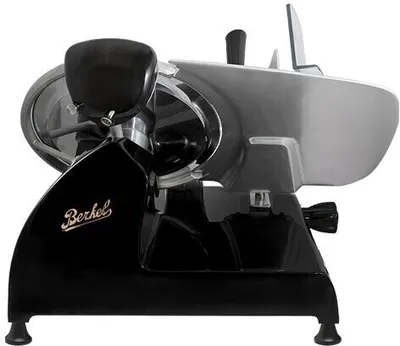 A black and silver Berkel slicer is shown against a white background.