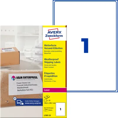Produktbild von Avery Zweckform L7997-25, Versand-Etiketten, A4, 199,6 x 289,1 mm, 25 Etiketten / 25 Bögen, weiß