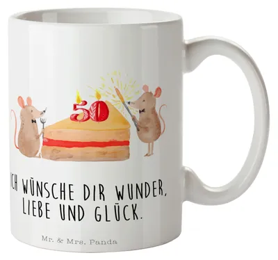 Produktbild von Mr. & Mrs. Panda Keramikbecher 50. Geburtstag Mäuse Kuchen - Weiß - Geschenk, Teetasse, Trinkbecher, Torte, Happy Birthday, Kaffeetasse, Tasse, Feier, Pott, Kaffeebecher