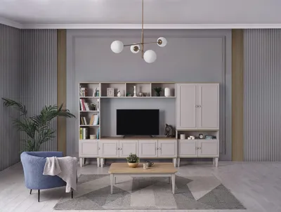 Image de Mur de salon Mur de salon Support TV bois RTV Lowboard Gris Set d'étagères