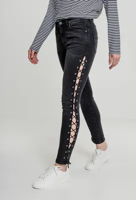 Image de Urban Classics Ladies Denim Lace Up Skinny Pants black washed - 27