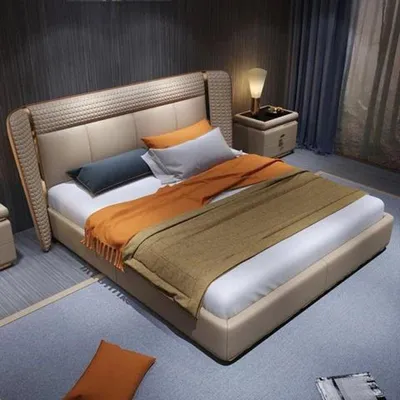 Obrázok produktu pre Luxusná béžová čalúnená posteľ Spálne Postele Elegantné hotelové postele