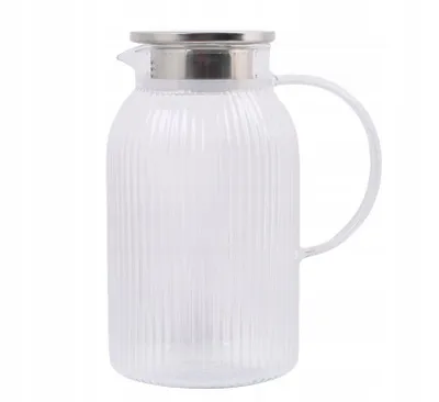 Produktbild von Glaskrug 1,5L mit Edelstahl-Deckel & Sieb | Geriffelte Glaskaraffe für Limonade, Saft & Wasser | Moderne Saftkanne
