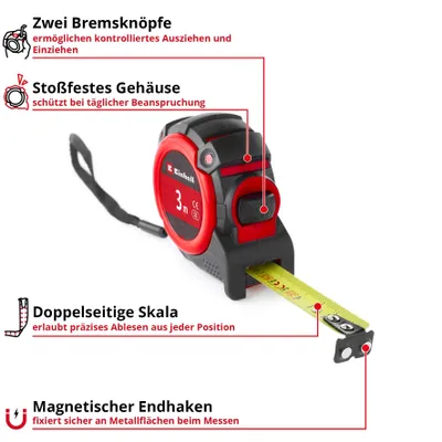 Produktbild von Einhell Bandmaß 3m, Maßband, Zollstock, präzise Messung, Handwerkzeug
