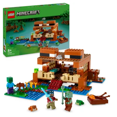 Produktbild von LEGO Minecraft Das Froschhaus, Spielzeug-Haus mit Figuren inkl. Zombie, Schleim und Ertrunkener, plus Zubehör wie Spielzeug-Boot und Werkbank, Geschenk für Jungs und Mädchen ab 8 Jahren 21256