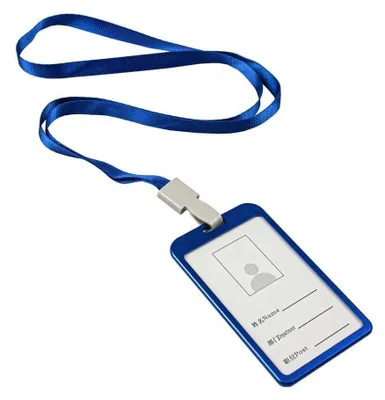 Produktbild von Blauer Kartenhalter mit 46 cm Riemen, Aluminiumrahmen, 5,8 x 9,8 cm, für 1-2 Namensschilder & Mitarbeiterausweise