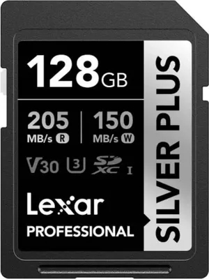A close-up studio shot of a Lexar Professional 128GB SDXC memory card against a black and gray background.