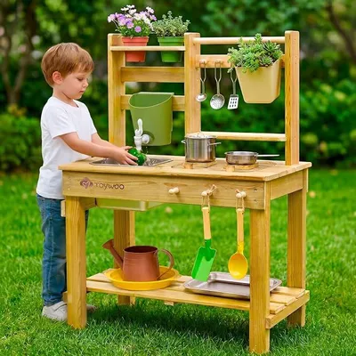 Produktbild von Matschküche Kinder Outdoor Spielküche, 3-in-1 Matschtisch mit Wassertank & Spülbecken, Gartenspielküche aus finnischem Holz für Jungen Mädchen ab 3 Jahre