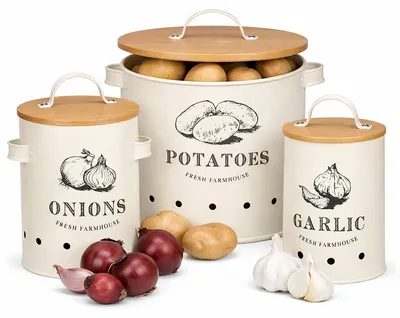Produktbild von 3er Set Vorratsdosen aus Metall mit Bambus Deckel für Knoblauch, Zwiebel und Kartoffel Kartoffeltopf Zwiebeltopf Knoblauchtopf Vorratsbehälter