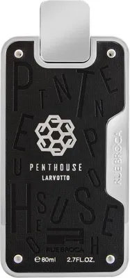 A close-up, front-facing view of a black and silver perfume bottle.