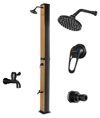 Image de Surya Gold - Douche de jardin solaire 40L en PVC. Douche à chauffage solaire Douche extérieure avec robinetterie en acier et pommeau de douche orientable. Couleur or et noir mat.