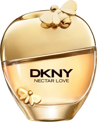 A bottle of DKNY Nectar Love perfume with decorative butterflies.