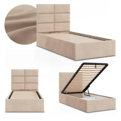 Produktbild von Polsterbett YORK 90x200 Samt mit Bettkasten und hochklappbarem Metall-Lattenrost Beige
