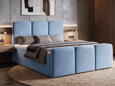 Produktbild von Boxspringbett SAVIO 160x200 cm mit Bettkasten, Bonell-Matratze H3 und Topper – Samt Hellblau