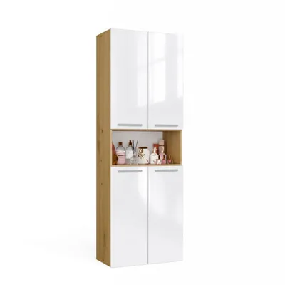 Immagine prodotto di Mobile da bagno NEL 1K DK - Mobile a colonna con cesto portabiancheria in rovere Artisan bianco lucido