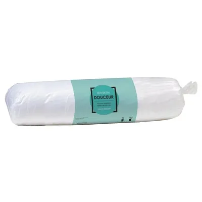 A white microfiber neck roll pillow is shown in its clear plastic packaging, with a teal label band around the middle.
