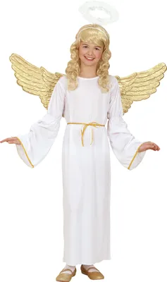 A young girl dressed as an angel, wearing a white robe, gold wings, and a halo.