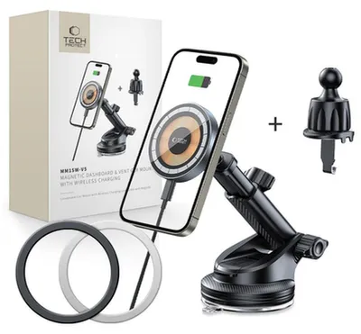 Zdjęcie produktu dla Tech-Protect Mm15W-V5 Magnetic Magsafe Dashboard & Vent Car Mount Wireless Charger 15W Black/Interior