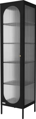A tall, narrow black display cabinet with fluted glass doors and shelves.
