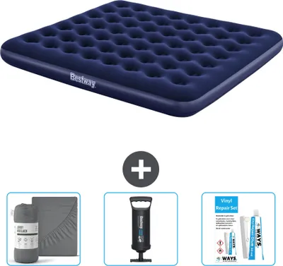 Produktbild von Doppelbett - 2 Personen - 183 x 203 x 22 cm - Blauw - Beige - Inklusive Bettwäsche - Pumpe und Reparaturset