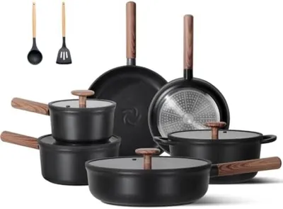 Produktbild von PromoHome® Keramisches Pfannenset 17-teilig – Antihaft & Abnehmbare Griffe, Schwarz