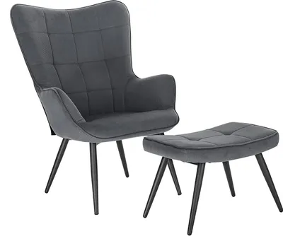 A gray armchair and ottoman set with black legs.