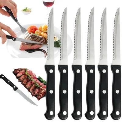 Obrázek produktu pro Sada nožů na steaky, 6 kusů, nerezová ocel, vroubkovaná čepel, ergonomický design, multifunkční