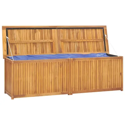 A wooden storage box with the lid open, revealing a blue liner inside.