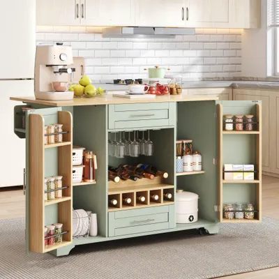Productafbeelding van Multifunctionele keukentrolley met inklapbaar werkblad, wijnrek, glazenhouder, kruidenrek en handdoekhouder, van MDF in groen, afmetingen 138x45/70x92 cm