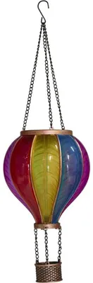 Produktbild von AUCUNE Smart Garden Rainbow Mini Solar-Hängelaterne, Heißluftballon-Design, mehrfarbig mit violettem Hauptton, warmweißem CoolFlame-LED-Flammeneffekt und Windspiel, kabellos für den Außenbereich