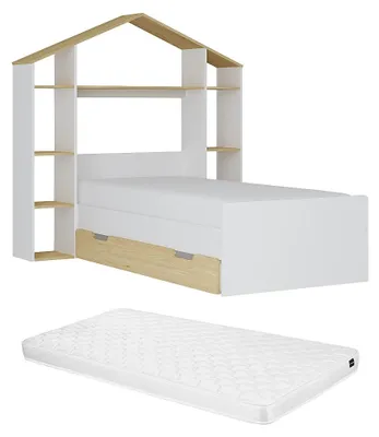 Produktbild von Hüttenbett 90 x 190 cm - Weiß und Natur + Matratze - JERACO