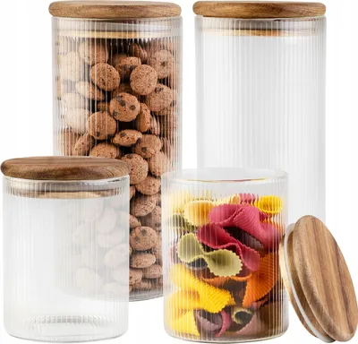 Zdjęcie produktu dla SuperButelki - Zestaw pojemników szklanych, 2x 420ml, 2x 720ml, ryflowane, z zakrętką z drewna akacjowego, do przechowywania, uniwersalne 4 sztuki