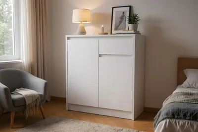 Produktbild von Kommode - mit 2 Tür - mit Schublade - 75,2 x 82 x 35 cm B/H/T - Weiß - Moderne Sineboard - für Wohnzimmer - Schlafzimmer - Aston 2D1S