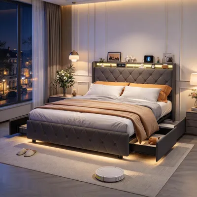 Image de INONEFT : Lit à lattes avec sommier intégré, revêtement rembourré, dimensions 140x200, avec éclairage LED et ports USB/C. Lit double avec 4 tiroirs de rangement et tête de lit avec espace de rangement. Revêtement en velours, couleur gris