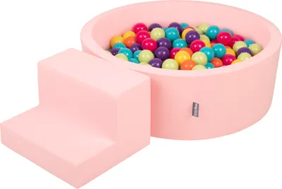 Produktbild von KiddyMoon spielplatz aus schaumstoff mit rund bällebad (100 bälle) ballgruben für babys spielbad hindernisläufen, hergestellt in der eu, pink:hellgrün/gelb/türkis/orange/dunkelpink/violet