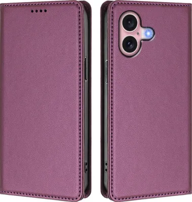 Produktbild von Handyhülle für iPhone 16, Kunstleder Klapphülle Stoßfeste Magnetische Hülle mit Ständer Lila