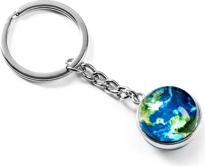 A close-up shot of a keychain with a globe charm.