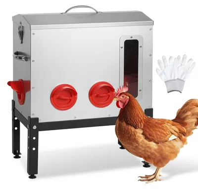 Zdjęcie produktu dla Automatyczny podajnik do karmy dla drobiu Ikodm, pojemność 18 kg / 40 funtów, 6 otworów do pobierania karmy, metalowy, z okienkiem umożliwiającym obserwację poziomu karmy, zamykany pokrywą, z uchwytem do przenoszenia, regulowany na 3 wysokościach